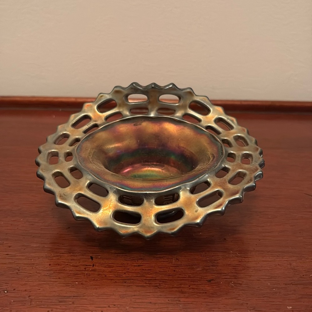 Fenton Carnival Glass Basket Weave Amethyst Iridescent Bon Bon Candy Dish